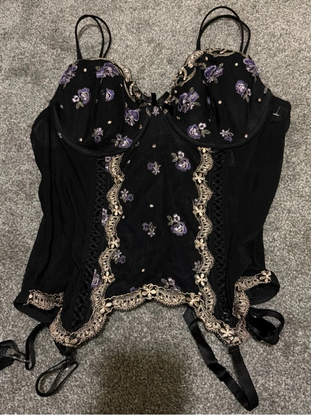 delicates Black Bustier with Purple Floral Embroidery and Gold Lace